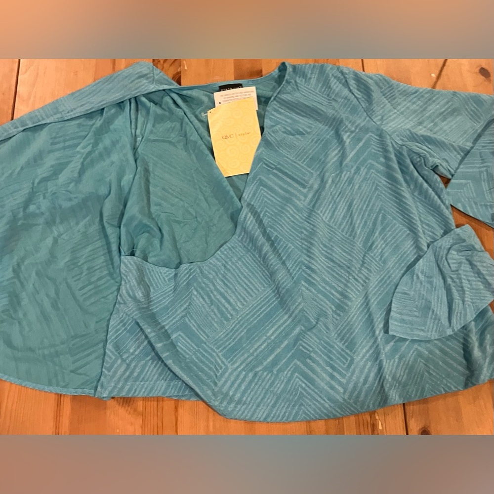NWT Citiknit Long Sleeve Faux Wrap Top V Neck Elegant Turquoise Patterned Sz 2X